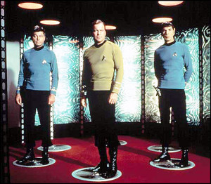STAR TREK, DeForest Kelley, William Shatner, Leonard Nimoy standing on the transporter pad, 1966-1969.
